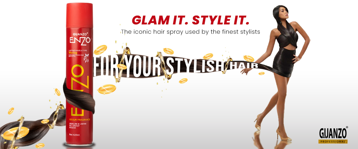 guanzo red spray can with title glam it style it, along with description the iconic hair spray used by the finest stylist. For your stylish hair along with a girl with long and strong hairs wrapped around her body as a dress 