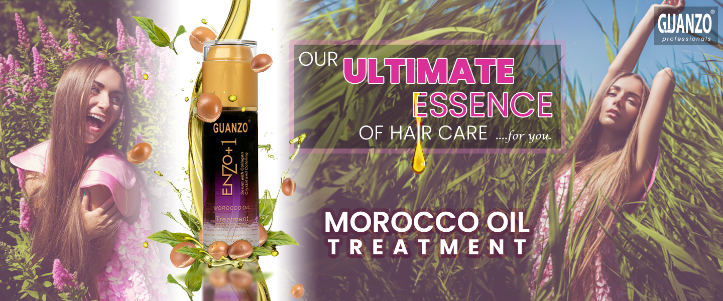 guanzo moroccan oil serum with title our ultimate essence of hair care for you, with a background where two girls are in moroccan field