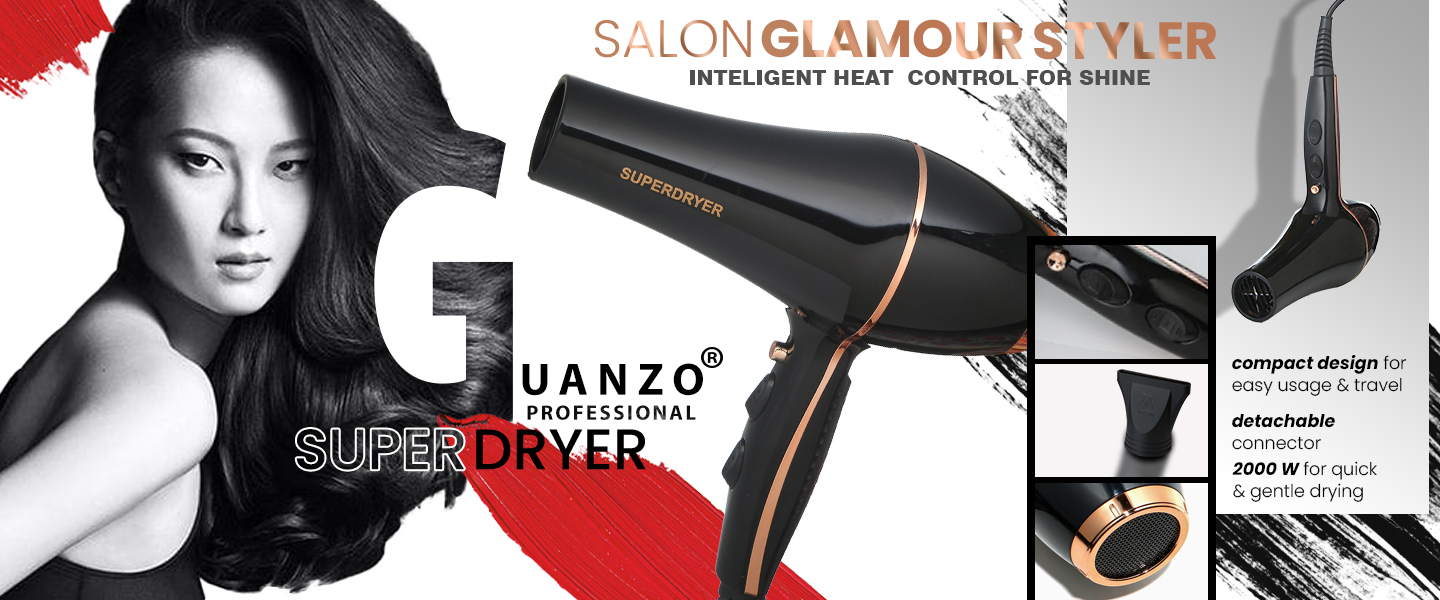 superdryer hair dryer with various featuerd images and with girl in background